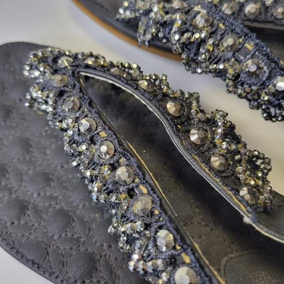 SIZE 8 Black Glitter Embellished Sandals Cushioned Flats Slippers (Size 39) - Picture 4 of 14